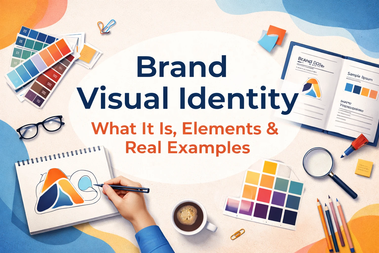 Brand visual identity design showing logo creation, color palette, typography, and brand guidelines