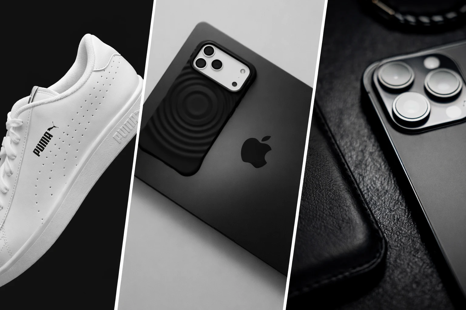 Brands with black logo branding across products like Apple and Puma, showing consistent black logos on footwear and electronics