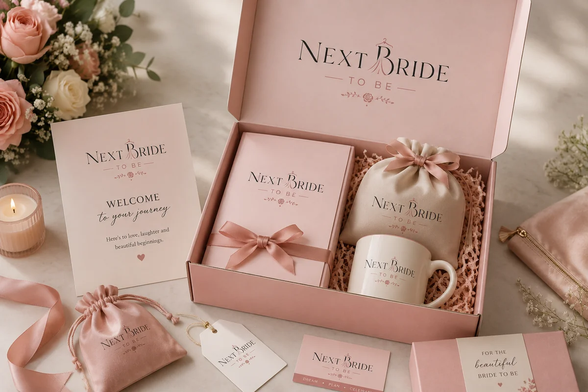 Luxury bridal brand welcome kit mockup featuring premium gift box, branded packaging, stationery, mug, fabric pouch, and elegant wedding boutique branding.