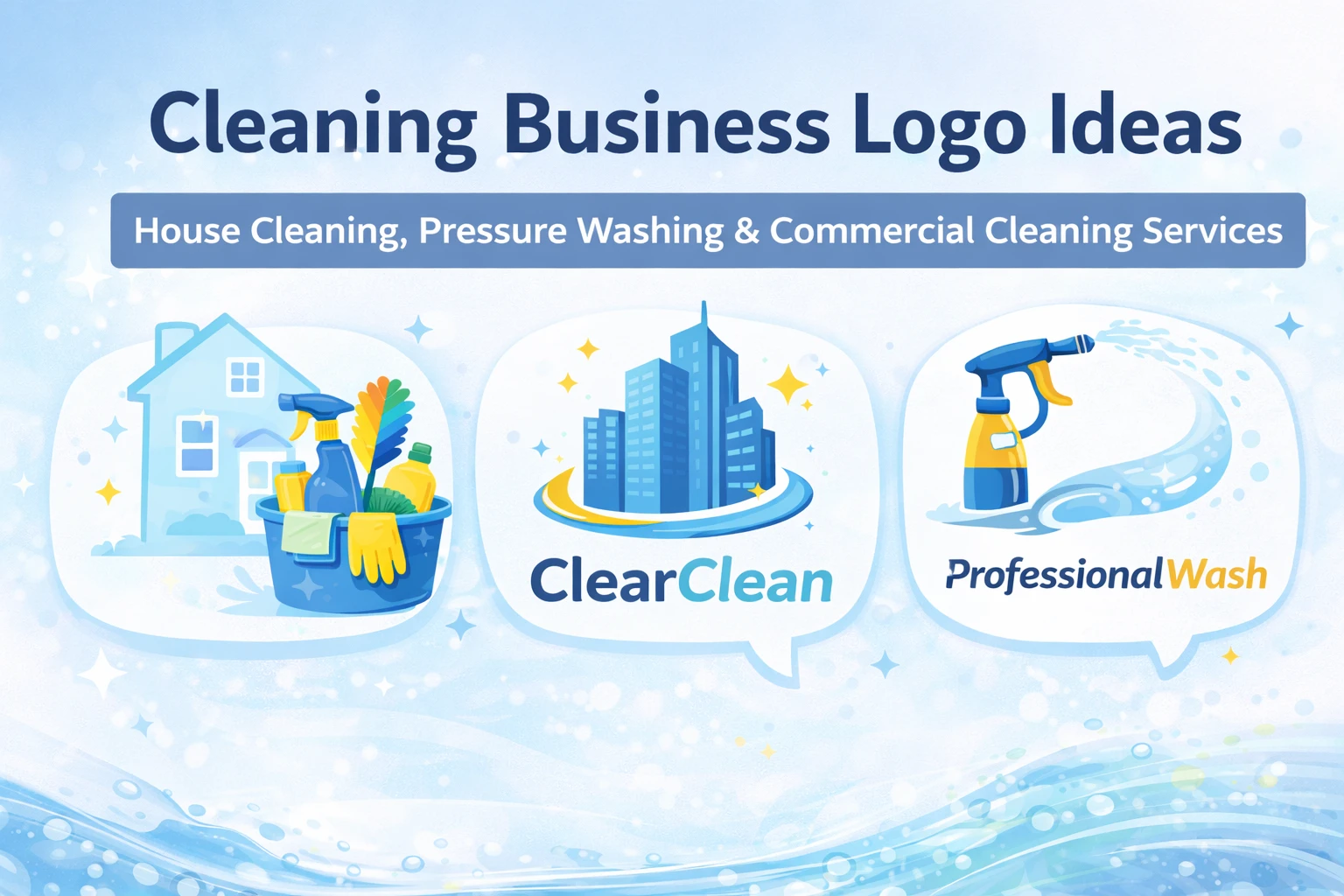 Featured image showing cleaning business logo ideas for house cleaning, pressure washing and commercial cleaning services