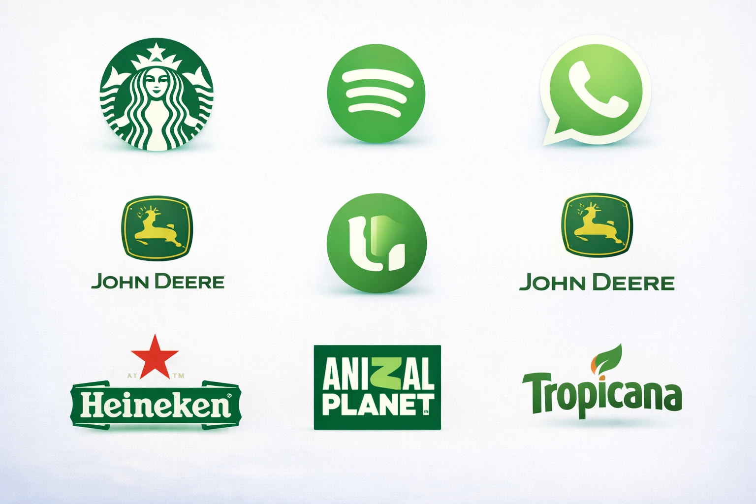 Companies with green logos including famous global brands such as Starbucks, Spotify, WhatsApp, John Deere, Heineken, Animal Planet, Land Rover, and Tropicana