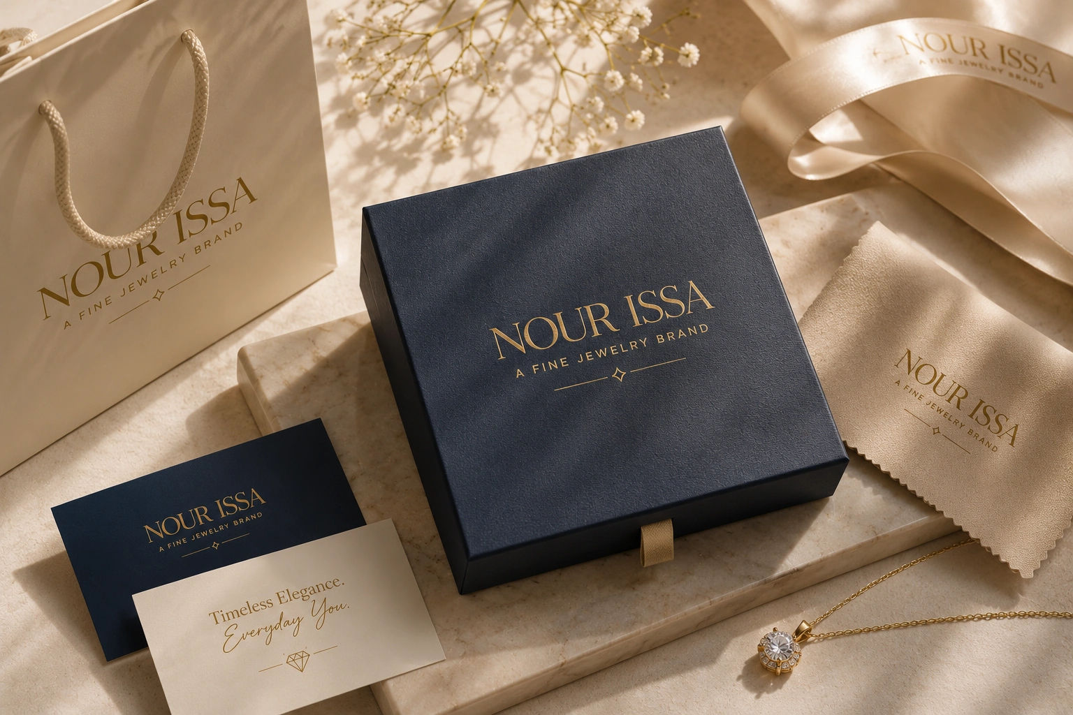 N alphabet Logo for a Luxury jewelry brand identity mockup featuring premium packaging, shopping bag, stationery, ribbon, and branded jewelry presentation in an elegant editorial setting.