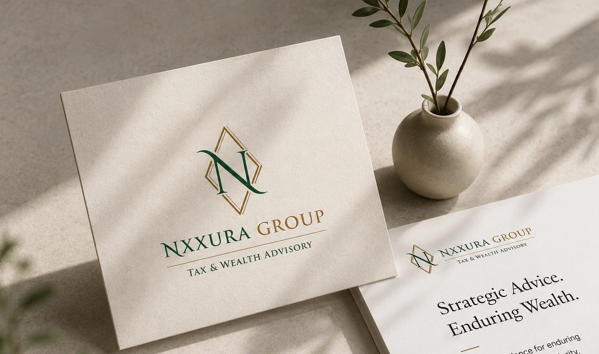 Nxxura Group green and gold financial advisory brand identity showcasing premium logo design and luxury branding materials