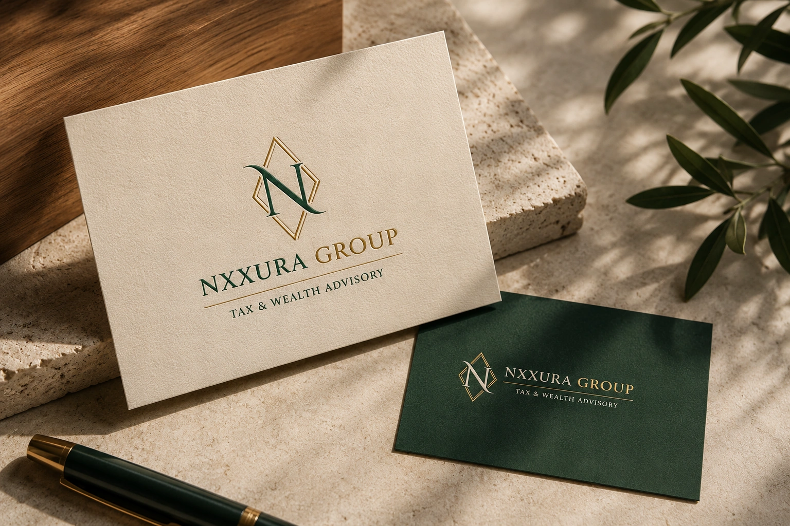 N alphabet lettermark logo branding mockup for a wealth management and tax advisory firm featuring premium stationery with elegant brand identity design.