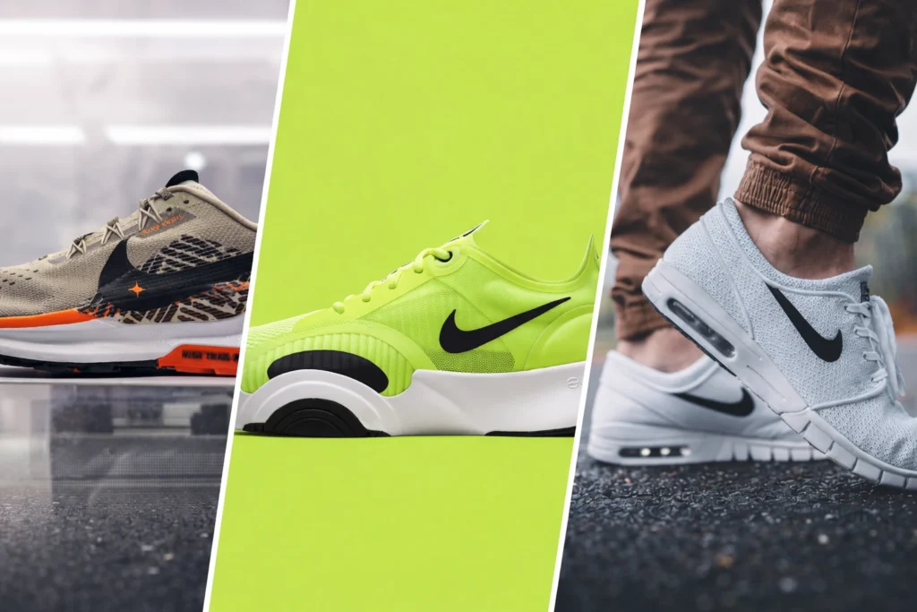 Nike products showcasing black logo branding across footwear