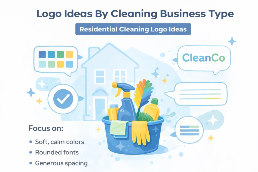 Illustration showing residential and commercial cleaning logo ideas using cleaning tools, soft colors and rounded design elements