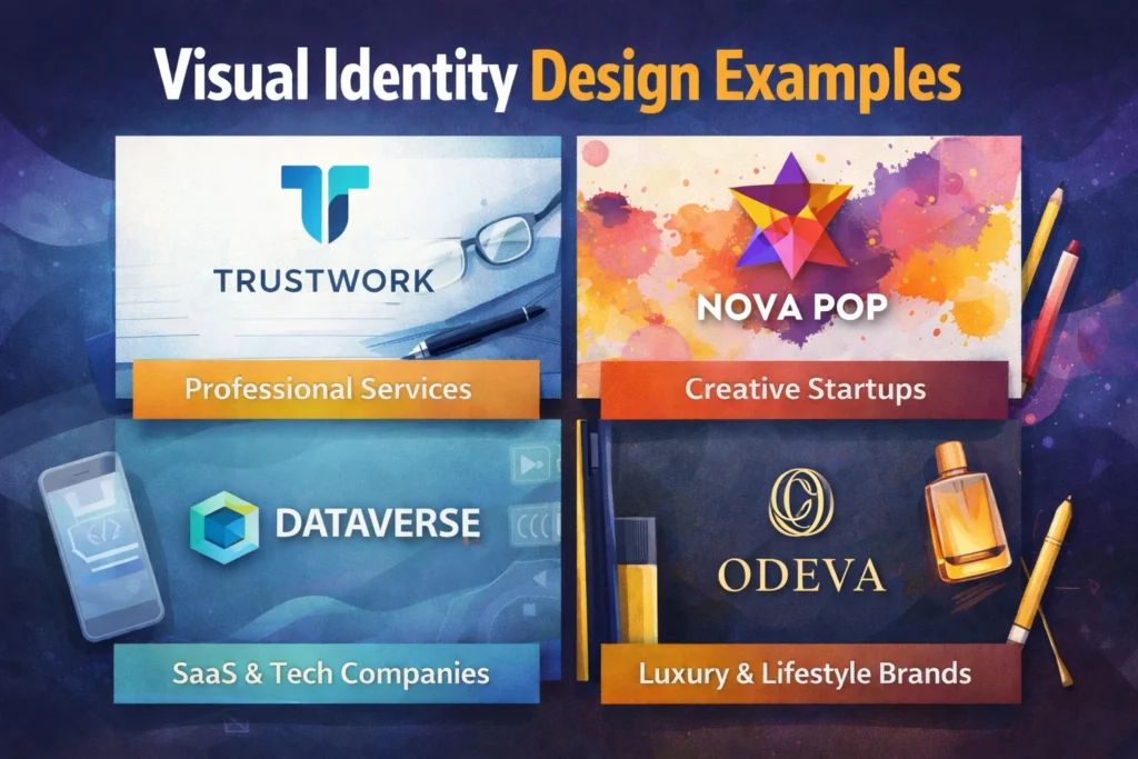 Visual Identity Design Examples Across Industries Visual identity design examples showing random logos for professional services, creative startups, SaaS and tech companies, and luxury lifestyle brands