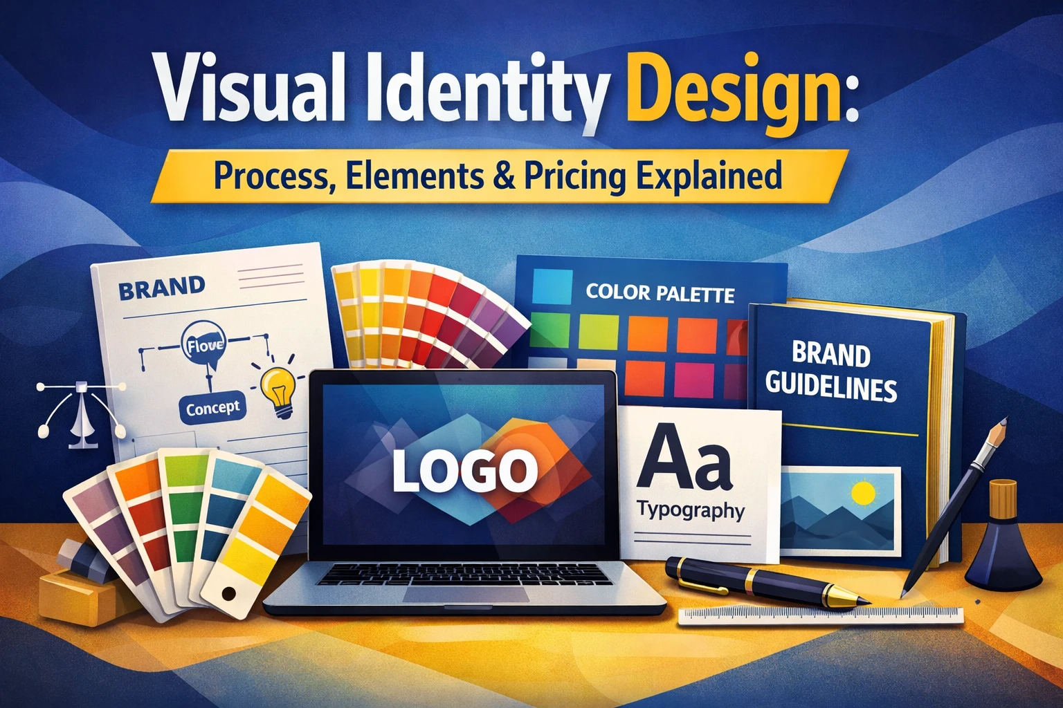 Visual identity design showing logo design, color palette, typography, brand guidelines, and design process elements