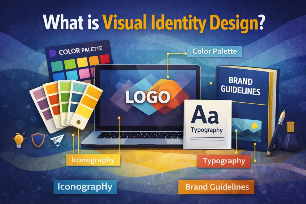 What Is Visual Identity Design? Explained With Key Elements Illustration explaining what visual identity design is, showing logo, color palette, typography, iconography, and brand guidelines