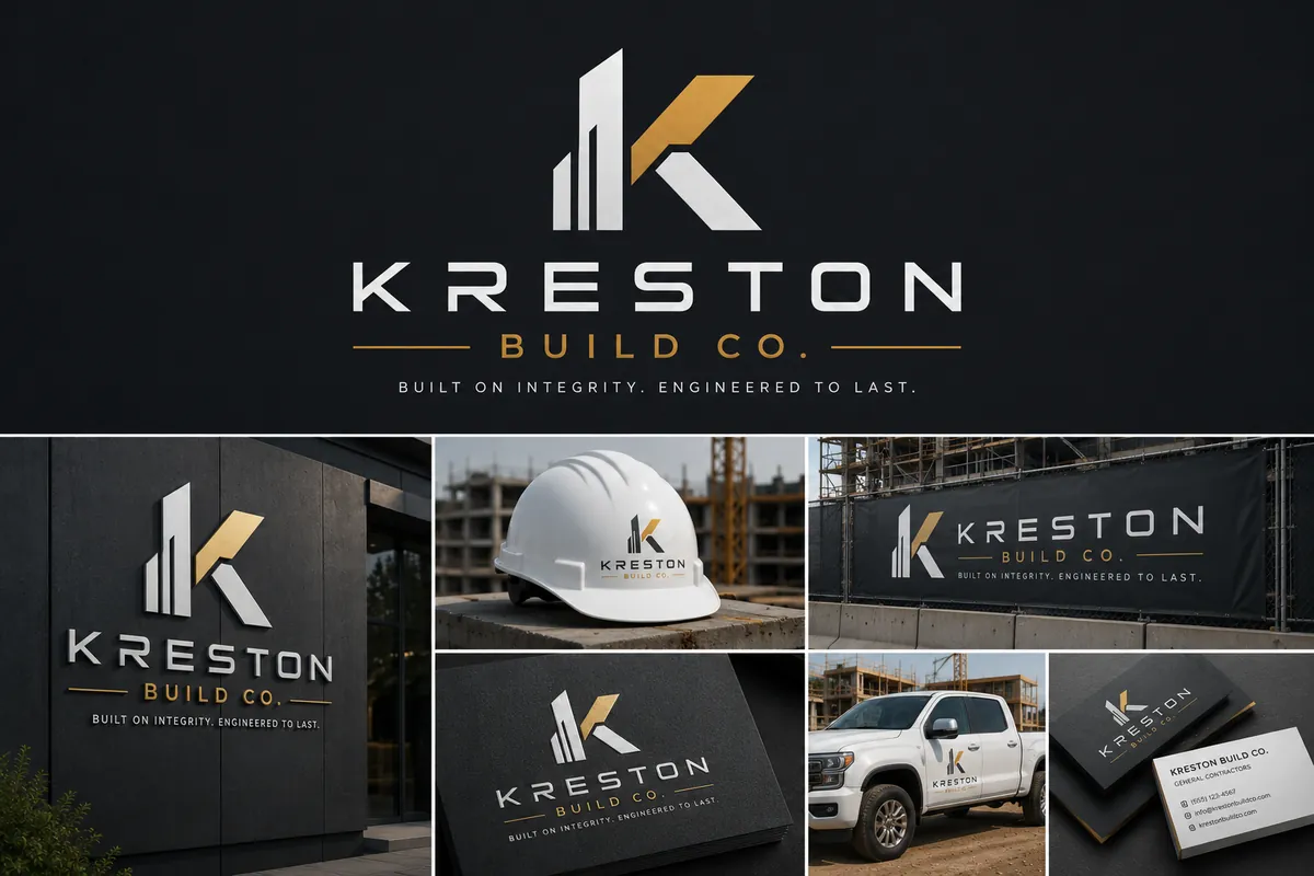 Modern construction logo ideas featuring a minimalist construction company brand identity with signage, hard hat, vehicle, and stationery mockups.