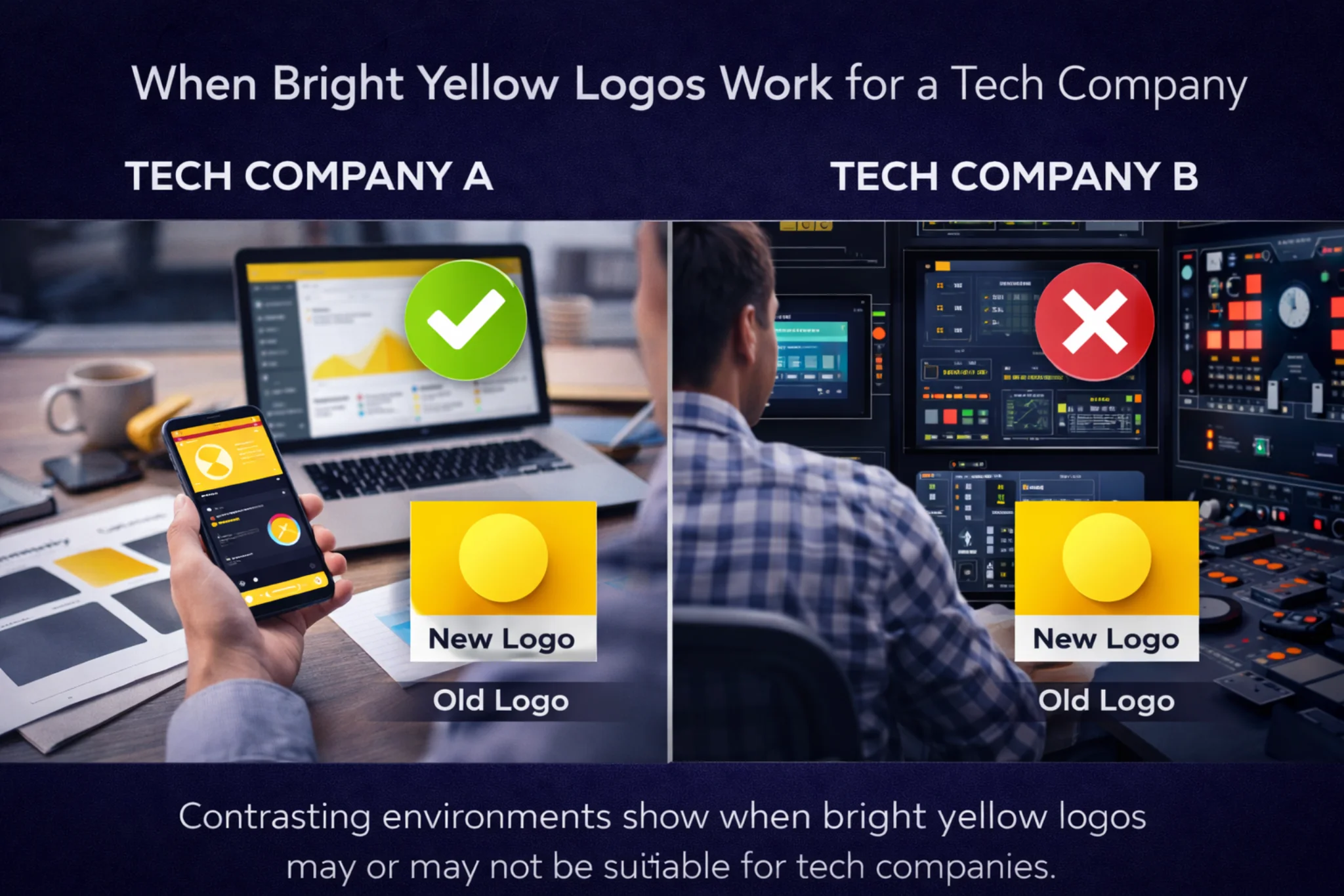 When bright yellow logos work for tech companies Visual comparison showing when bright yellow logos work and when they may not suit a tech company