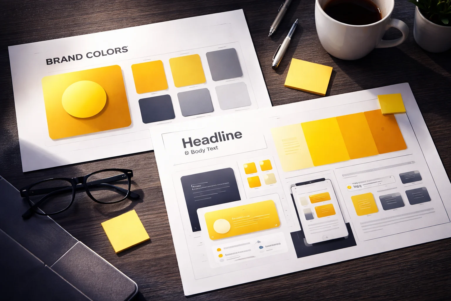 Exploring yellow during early-stage brand identity decisions. Branding board showing bright yellow color exploration for tech company logo and identity design
