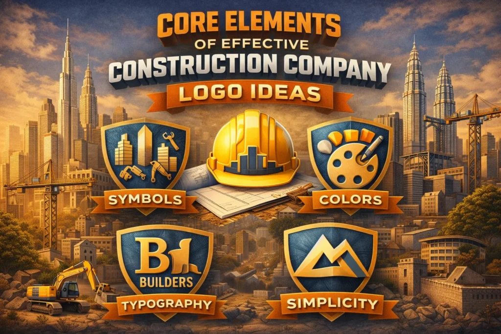 Core elements of effective construction company logo ideas including symbols, colors, typography, and simplicity