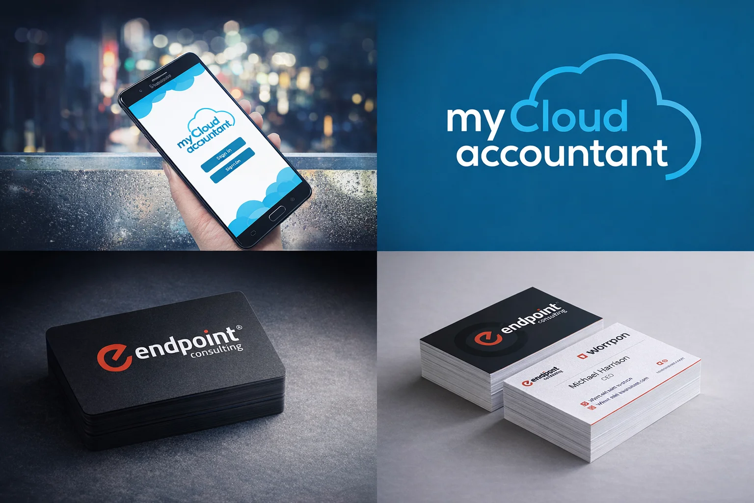 Tech startup logo design examples for MyCloud Accountant and Endpoint Consulting showing app and business card mockups