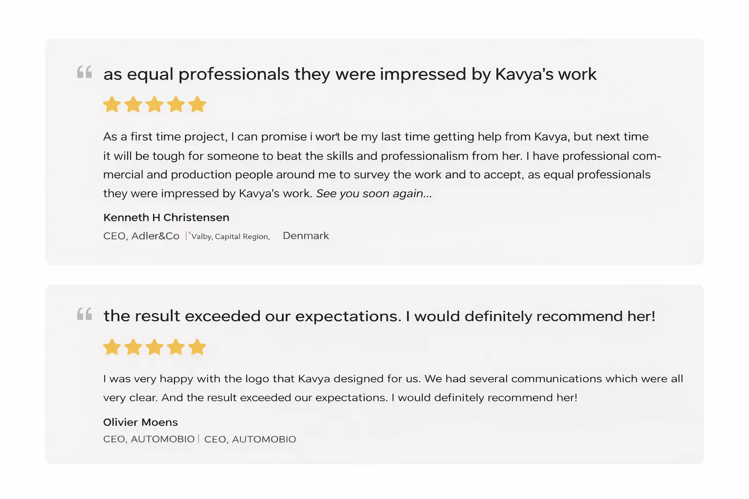 Client testimonials for KM Digital Creatives from tech startup founders praising logo and branding work by Kavya