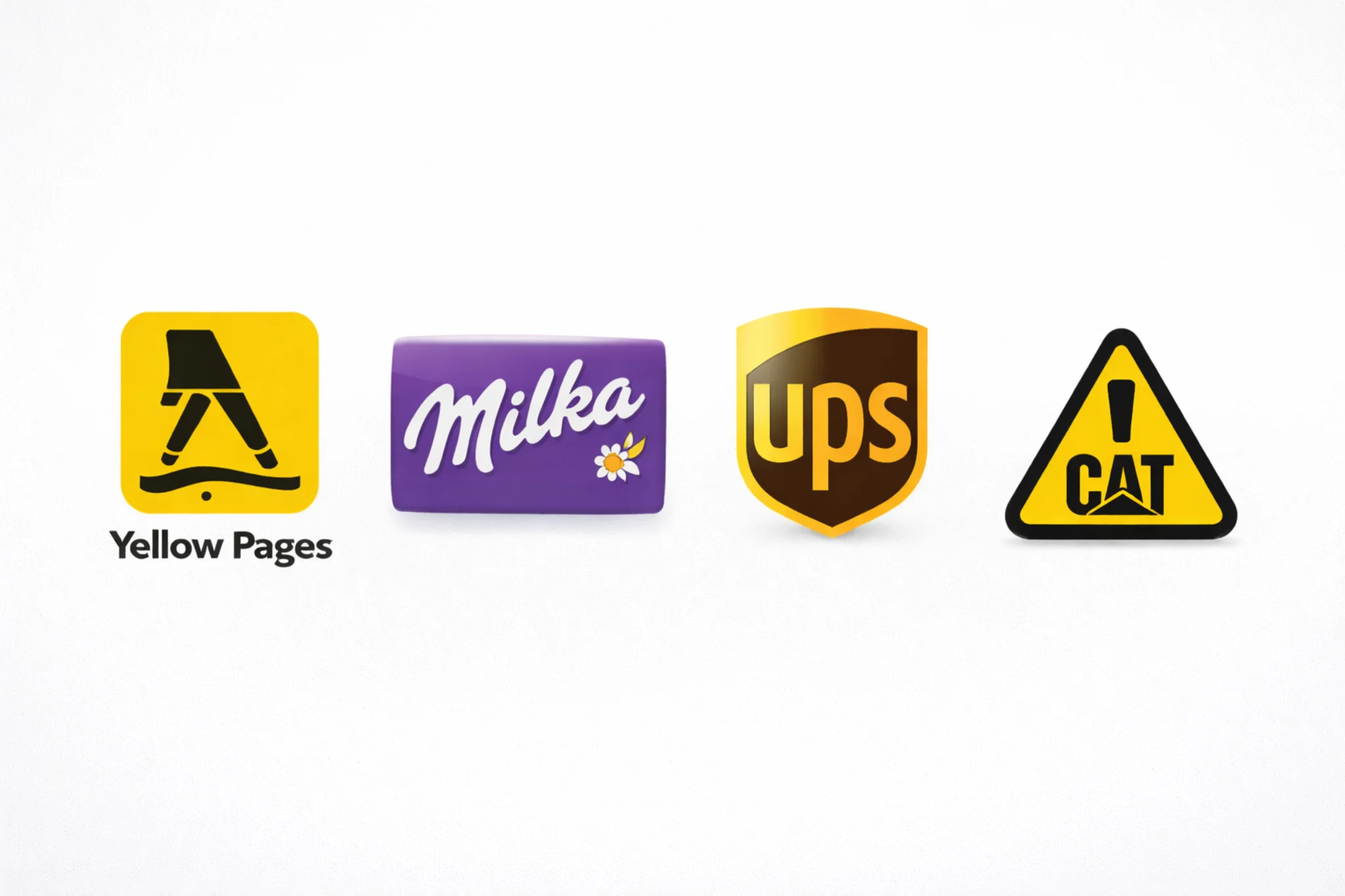 Famous yellow logo brands including Yellow Pages, Milka, UPS, and CAT showing different uses of yellow in branding