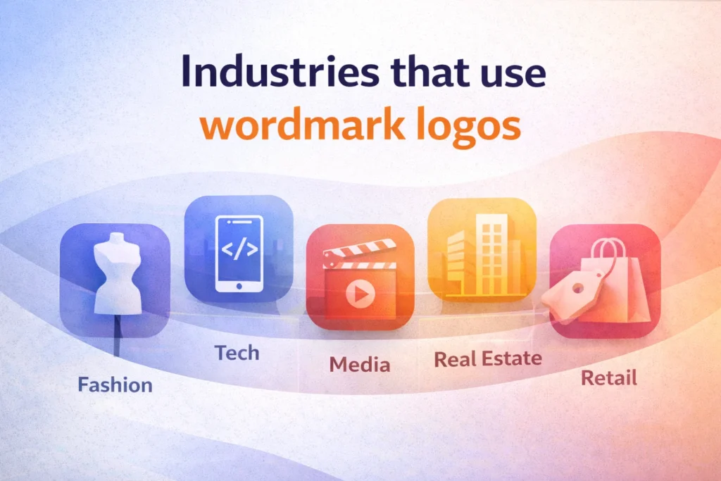 Industries that use wordmark logos including fashion, technology, media, real estate, and retail brands