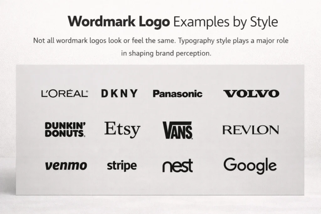 Wordmark Logo Examples by Style Wordmark logo examples by style showing typography-based logos from brands like L’Oréal, DKNY, Panasonic, Volvo, Etsy, Vans, and Google