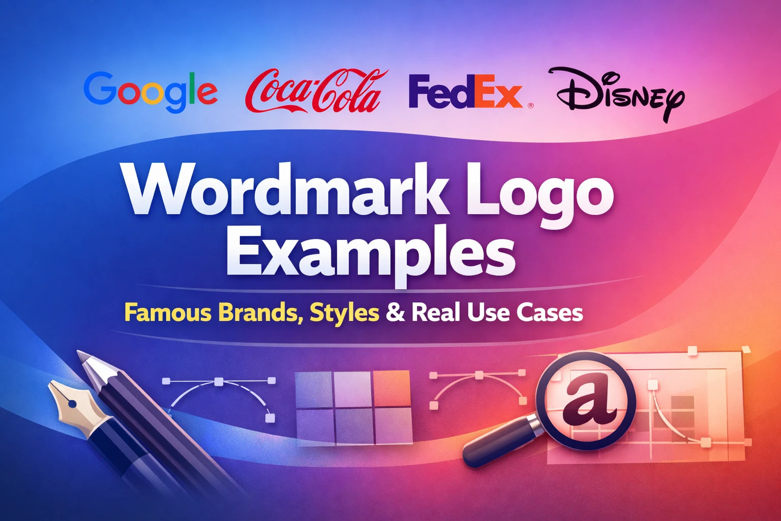 Wordmark logo examples showing famous brands, typography styles, and real-world wordmark logo use cases