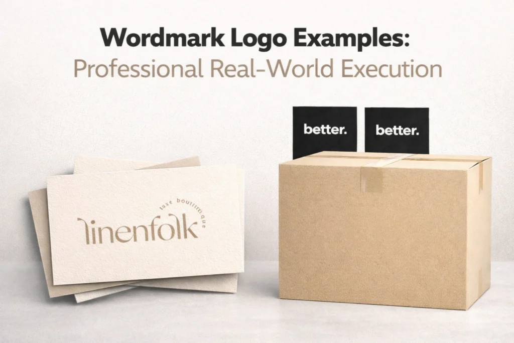 Wordmark Logo Examples – Professional Real-World Execution Real-world wordmark logo examples showing professional typography execution on stationery and packaging