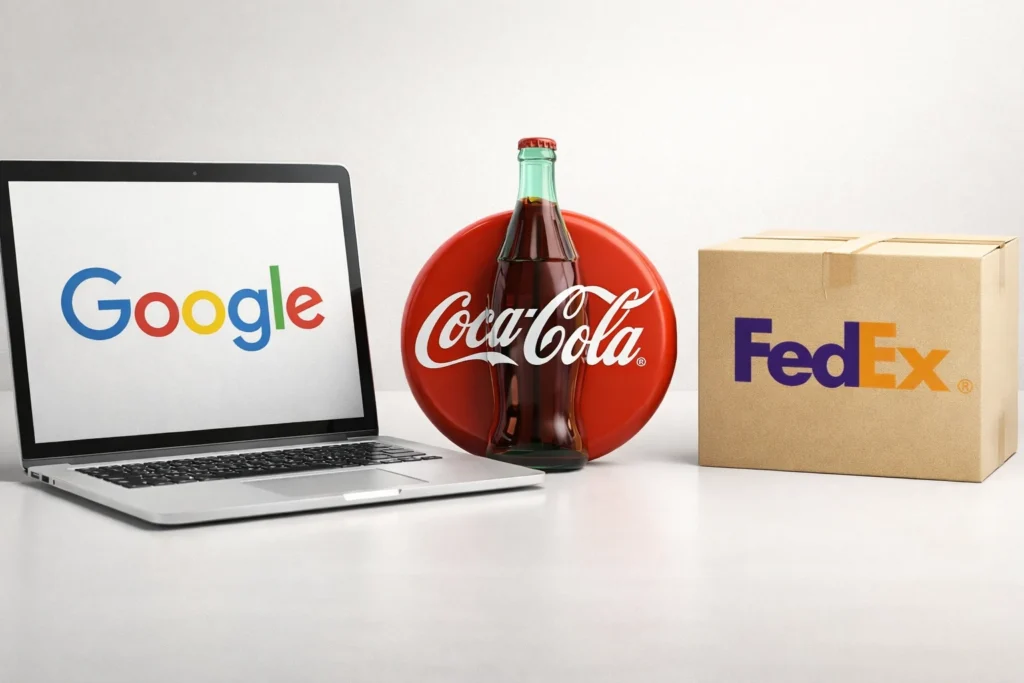 Wordmark Logo Mockup – Google, Coca-Cola & FedEx Examples Wordmark logo mockup showing Google, Coca-Cola, and FedEx logos applied across digital, packaging, and product branding