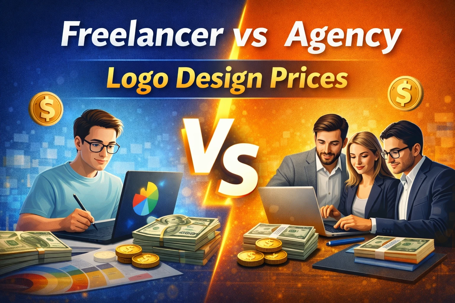 Freelancer vs agency logo design prices comparison showing cost differences between freelance designers and design agencies