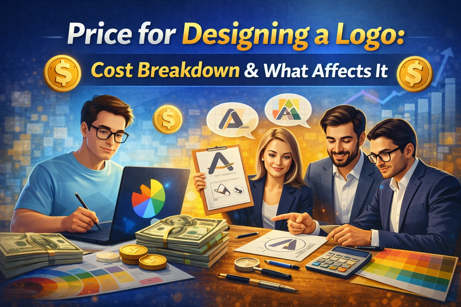 Price for designing a logo cost breakdown showing designers working on logo concepts with branding tools and pricing factors