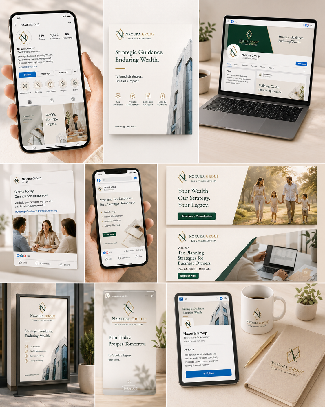 Financial and Tax Services Branding Applications Financial and tax services branding applications showcasing premium stationery, website direction, and brand assets