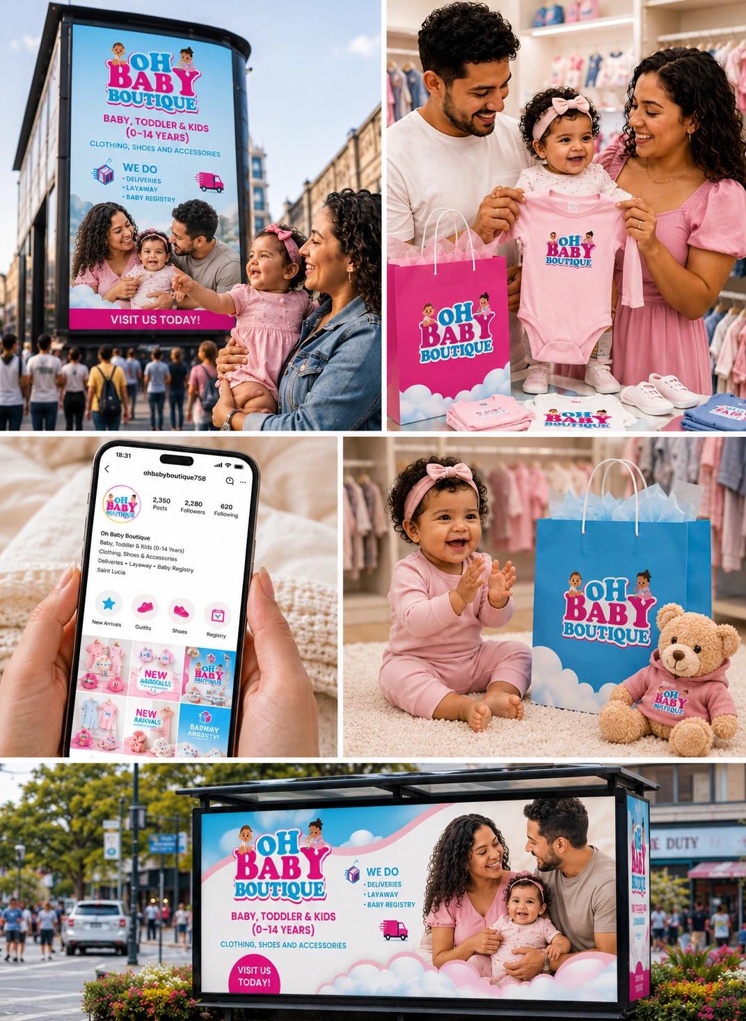 Kids boutique brand redesign showing storefront branding, packaging design, merchandise, and vehicle branding
