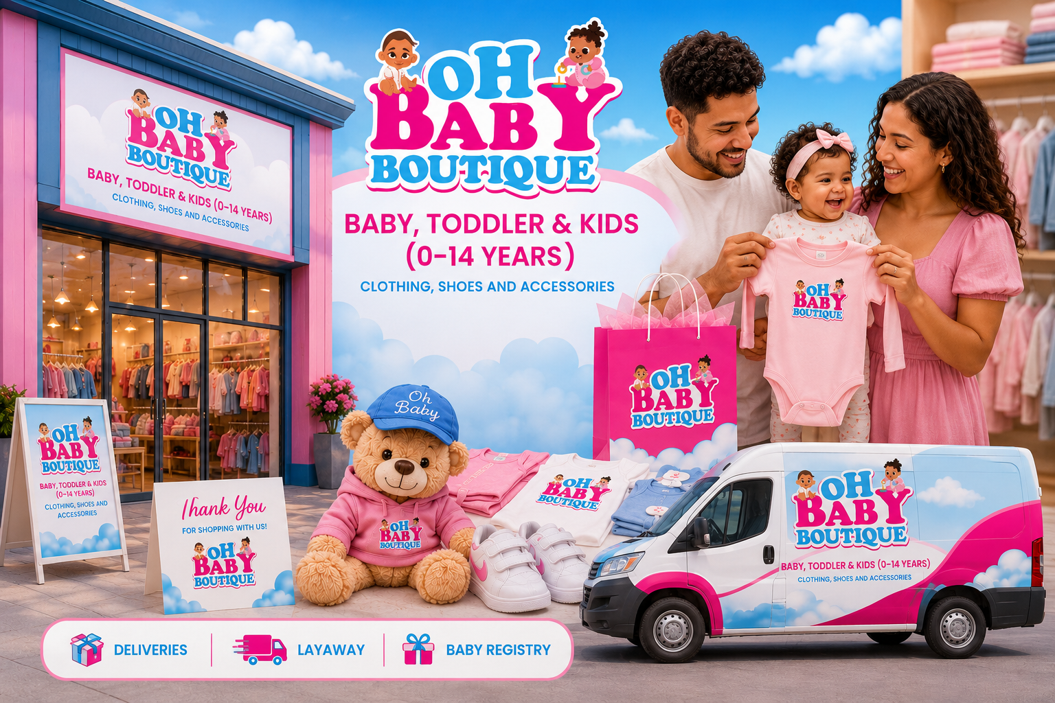 Kids boutique brand redesign for Oh Baby Boutique featuring playful branding and retail identity