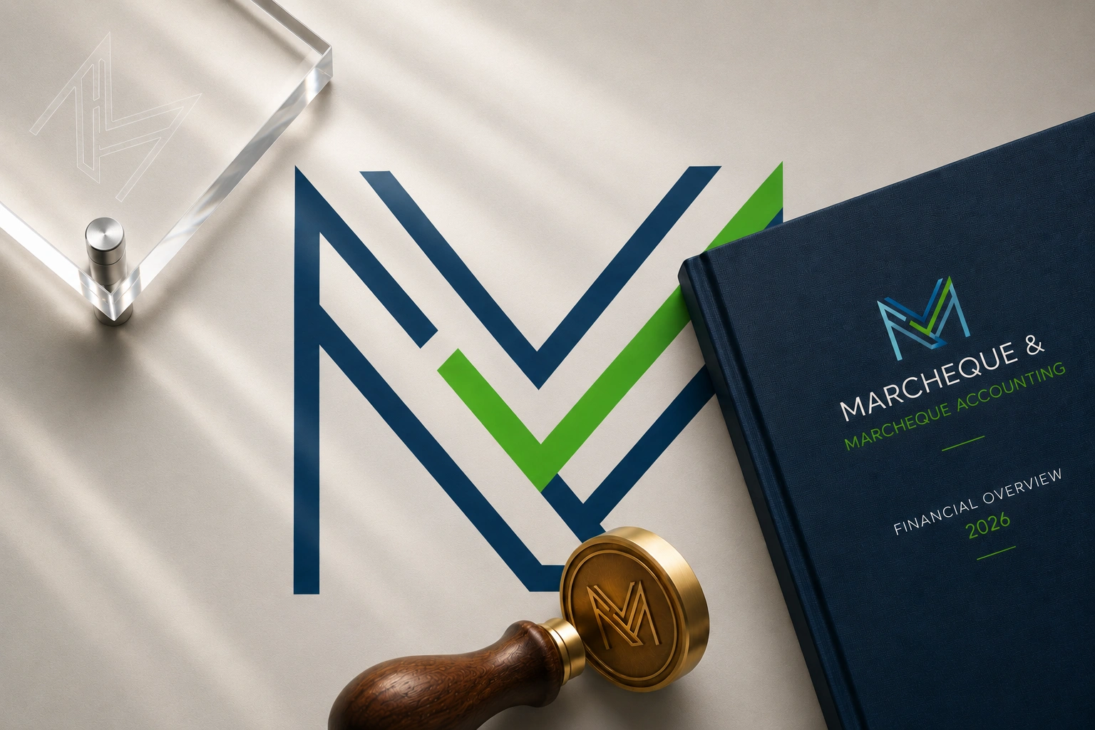 Accounting firm branding visual system featuring premium logo applications, office signage, brand collateral, and professional identity design