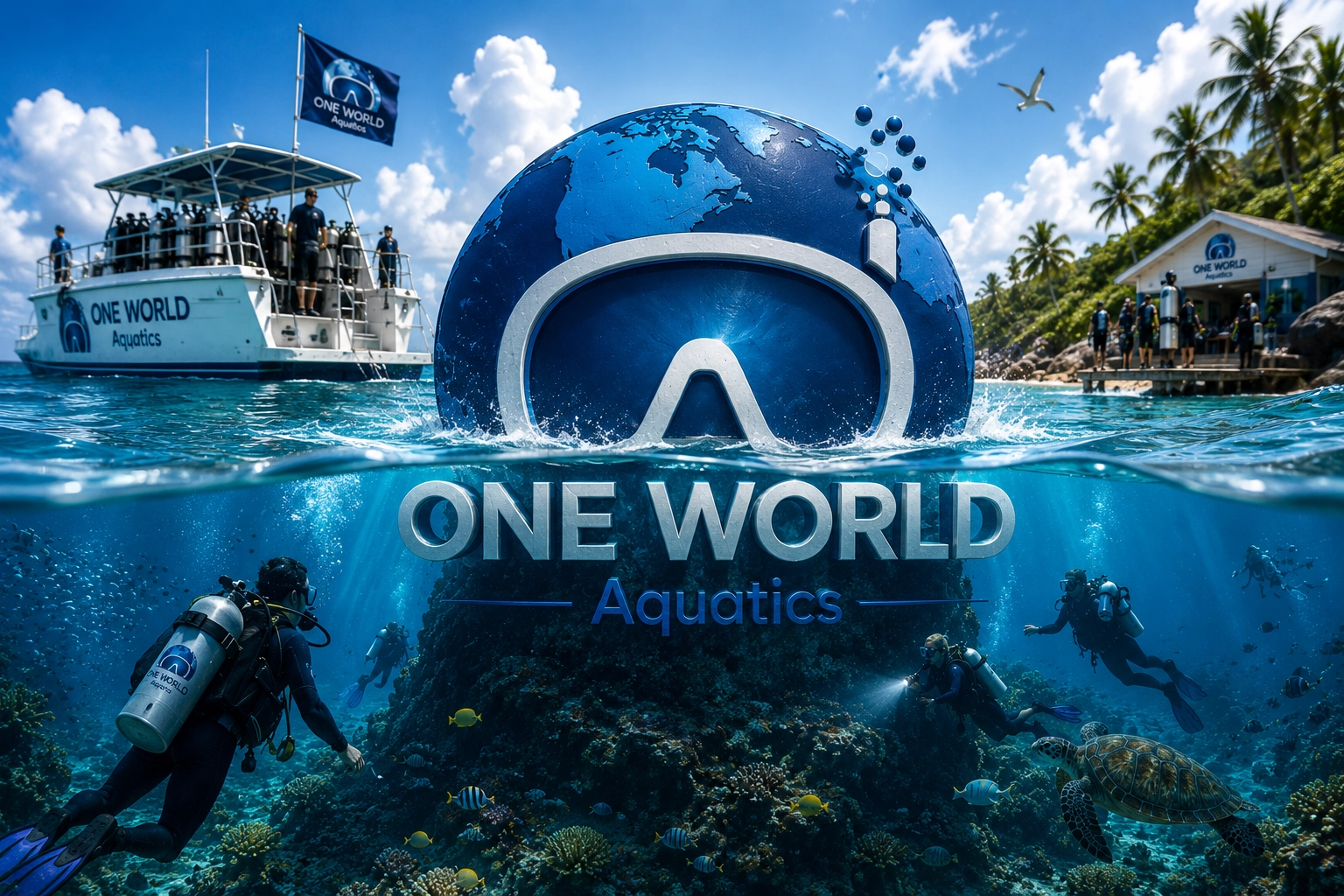 Combination logo design for a scuba diving school and adventure travel brand featuring a diving mask symbol and professional typography.
