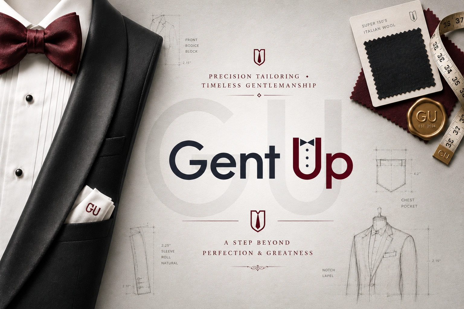 Custom wordmark logo design and GU monogram logo for a modern menswear fashion brand