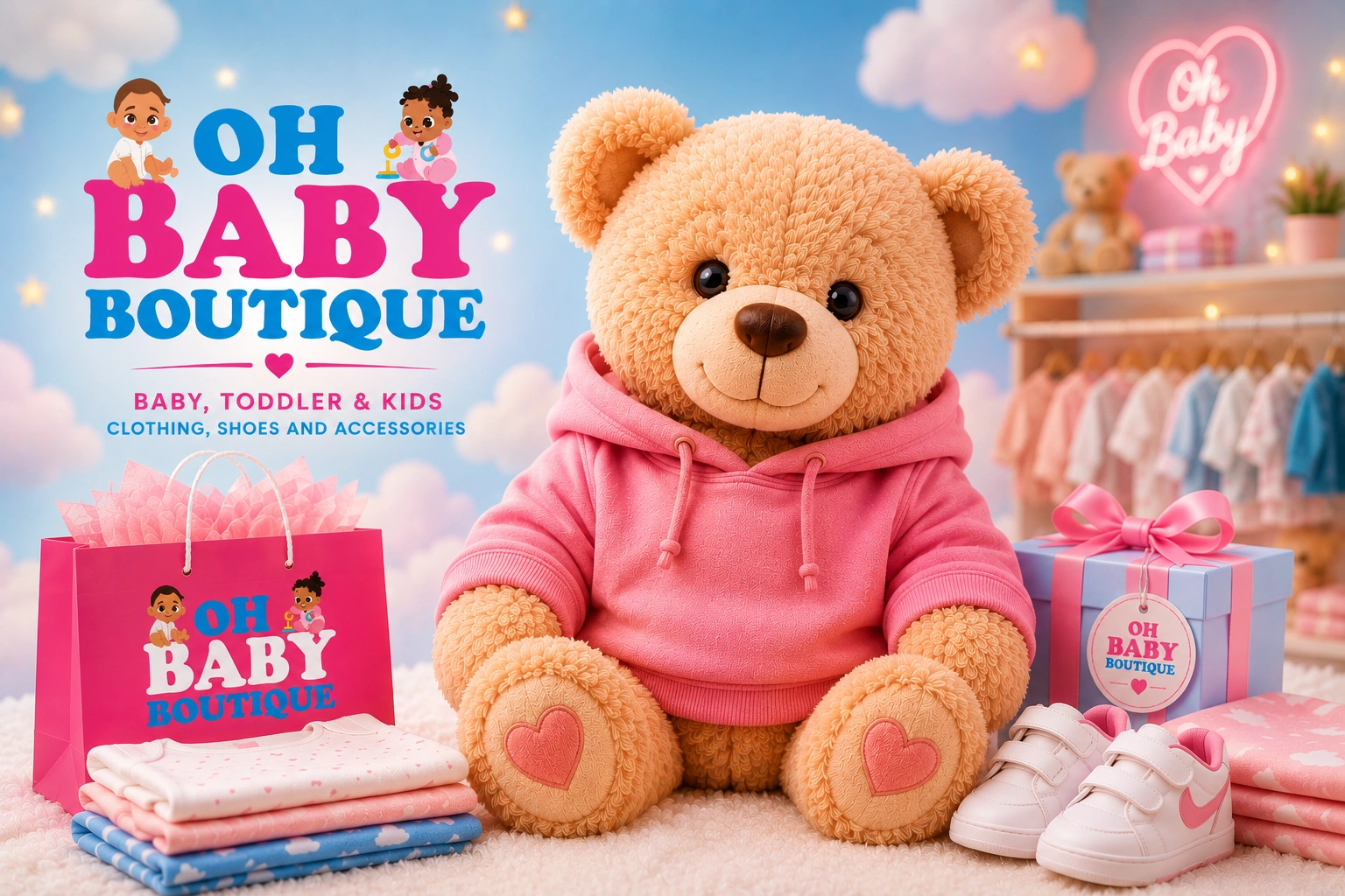 Kids boutique brand redesign for Oh Baby Boutique featuring playful branding and retail identity