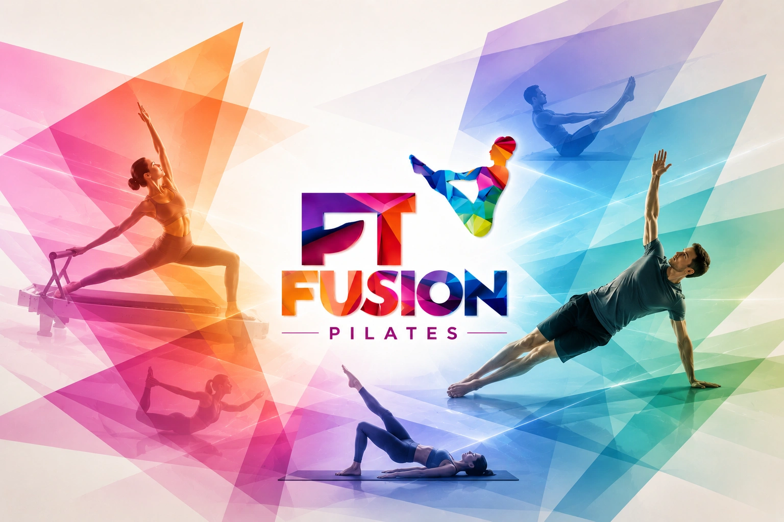 Pilates fitness logo design using an energetic combination mark with geometric symbol and vibrant typography