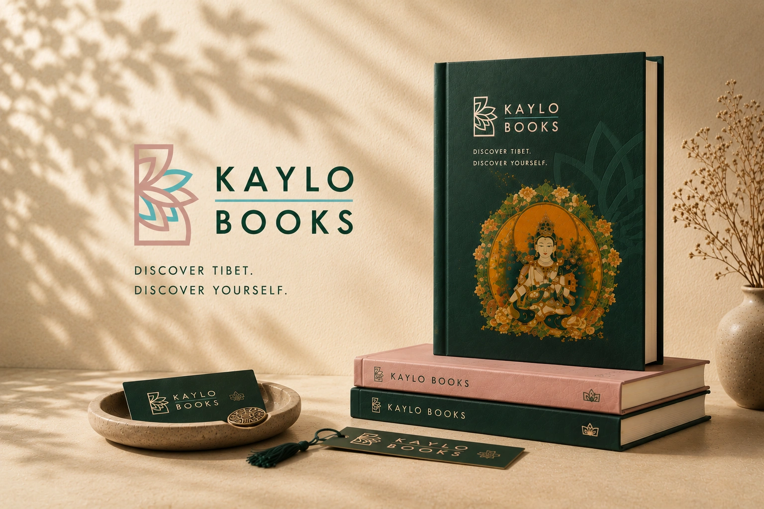 Publishing company logo and lettermark logo design for a Tibetan bookstore featuring bookstore branding, book covers, and publishing house identity applications.