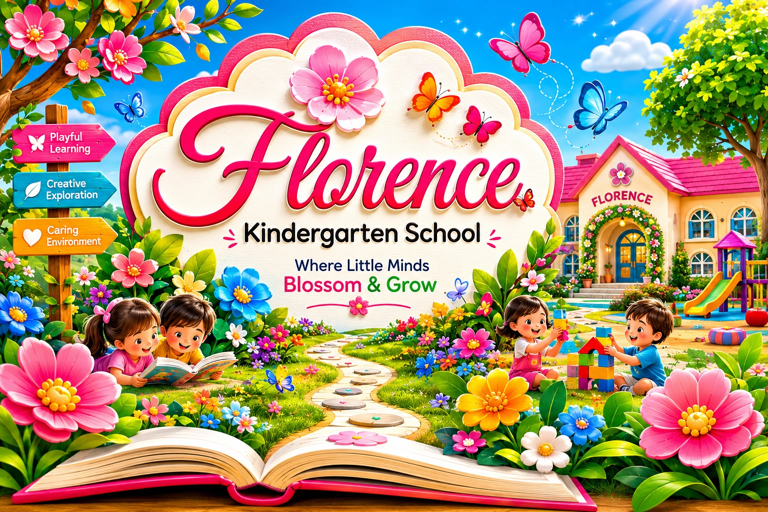 Text logo design for a kindergarten school featuring a playful floral wordmark and child-friendly branding